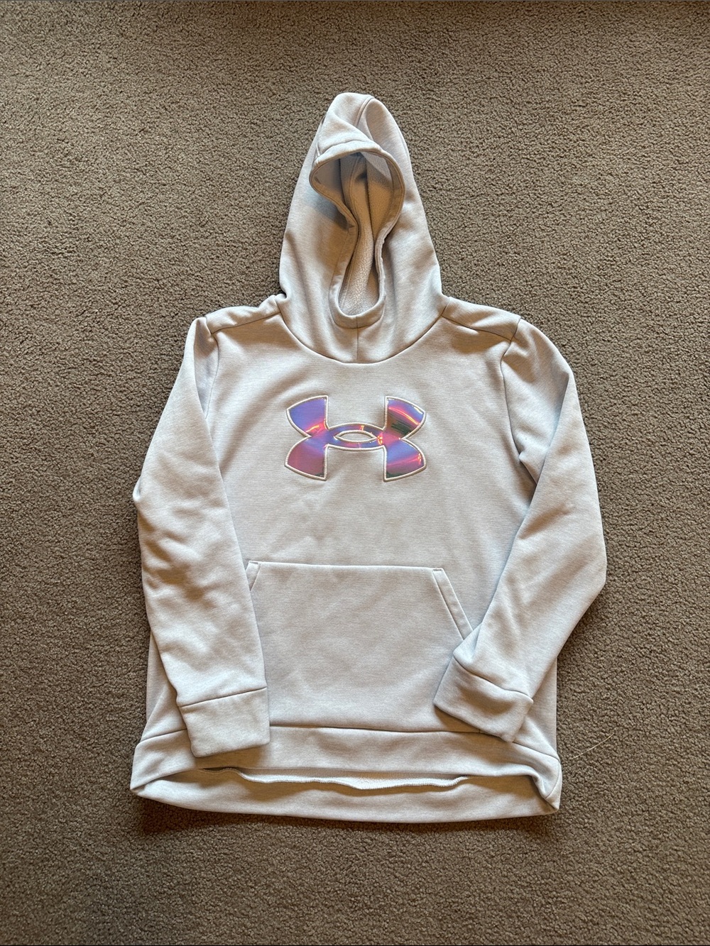 Under Armour Light Gray Hoodie with Iridescent Pink-Purple Logo